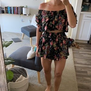 Free People Black Floral Crop Top + Shorts Set